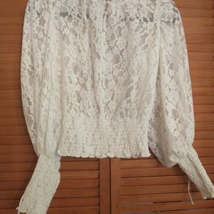 For Love & Lemons White Sheer Victorian Lace Puff Sleeve Top XXS